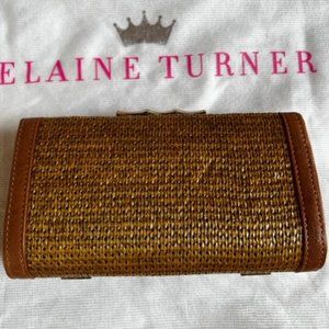 Elaine Turner Gold & Tan Woven Clutch, Logoed Bamboo Clasp
